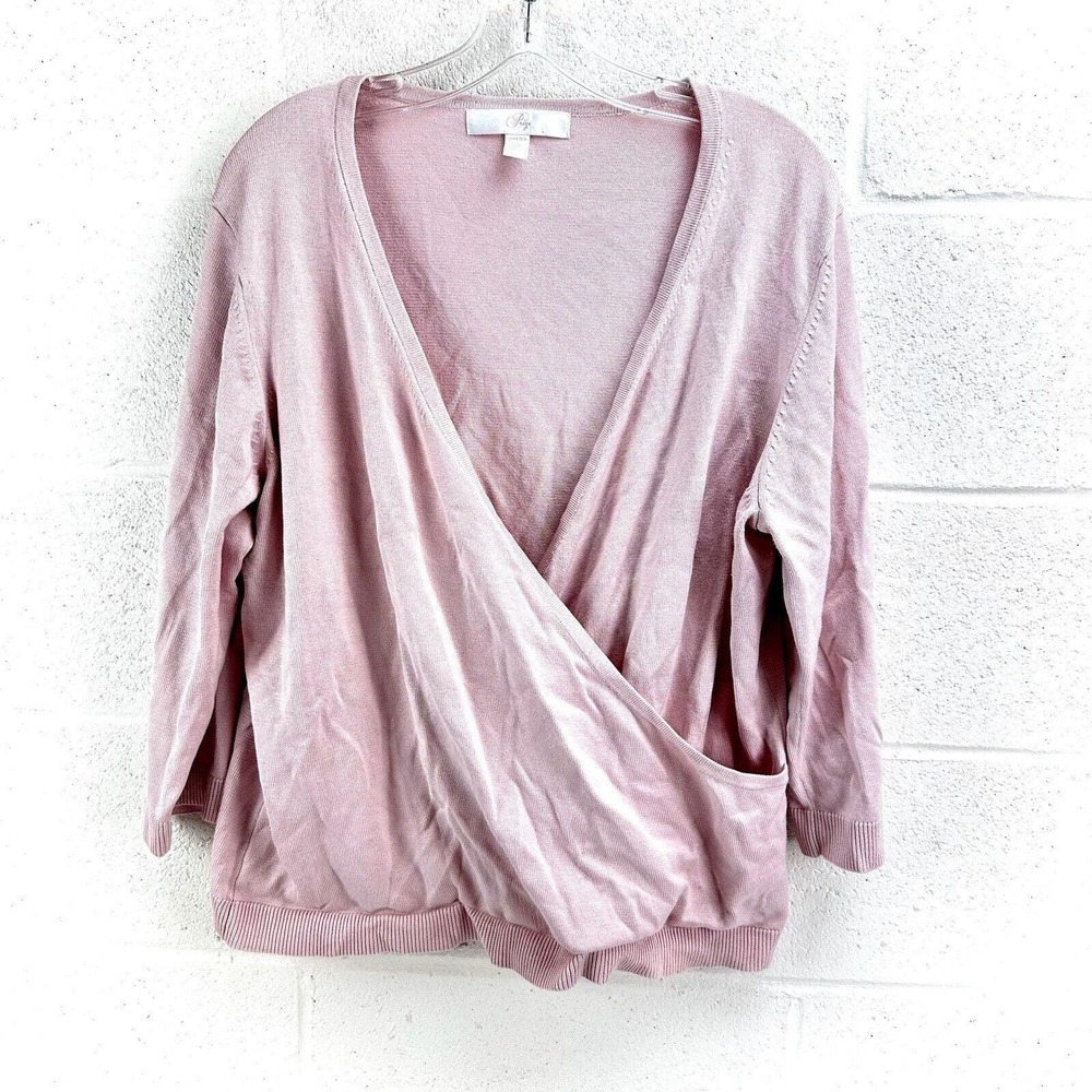Prize Stretch Silk Blend Faux Wrap Long Sleeve V-Neck Pink Blouse Top Sz XXL